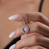 925 Ayar Gümüş Taşlı Bombeli Kedi Pembe Gözü Kalp Kolye