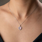 925 Ayar Gümüş Taşlı Bombeli Kedi Pembe Gözü Kalp Kolye