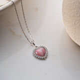 925 Ayar Gümüş Taşlı Bombeli Kedi Pembe Gözü Kalp Kolye