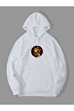 Üç İplik Vampurr Baskılı Unisex Beyaz Kanguru Cepli Kapüşonlu Sweatshirt Hoodie | S