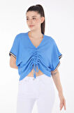 V yaka büzgülü detaylı bluz