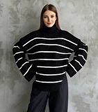 Çizgili ispanyol kol triko boğazlı kazak siyah elf