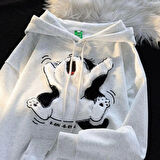 3 iplik şardonlu oversize compact peluş baskılı sweat beyaz