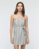 Kuşaklı çizgili mini keten elbise