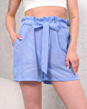Kuşaklı keten şort mavi s255265