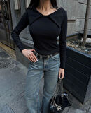 Kelebek yaka uzun kol bluz siyah