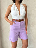 Kemerli gabardin şort lila s25735