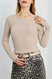 Bisiklet Yaka Parmak Geçmeli Kaşkorse bluz bej a3829