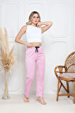 Kadife pijama altı pembe üzerine siyah pontiye desenli q7013