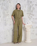 Kuşaklı gömlek yaka salaş tulum haki s255822