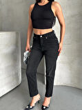 Mom fit enzim bıyıklı taş yıkama jeans pantolon siyah d2006