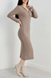 Fermuar detaylı fitilli şardonlu elbise bej a3178