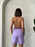 Kemerli gabardin şort lila s25735