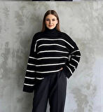 Çizgili ispanyol kol triko boğazlı kazak siyah elf