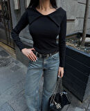 Kelebek yaka uzun kol bluz siyah