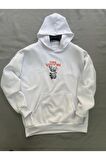 Vision Baskılı Beyaz Erkek Kapüşonlu 3 iplik Şardonlu Ribanalı Sweatshirt Hoodie