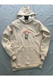 Vision Baskılı Bej Erkek Kapüşonlu 3 iplik Şardonlu Ribanalı Sweatshirt Hoodie