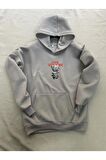 Vision Baskılı Gri Erkek Kapüşonlu 3 iplik Şardonlu Ribanalı Sweatshirt Hoodie
