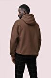 Vision Baskılı Kahverengi Erkek Kapüşonlu 3 iplik Şardonlu Ribanalı Sweatshirt Hoodie