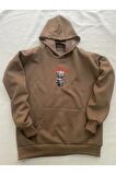 Vision Baskılı Kahverengi Erkek Kapüşonlu 3 iplik Şardonlu Ribanalı Sweatshirt Hoodie
