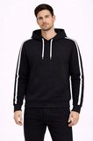 Erkek Şeritli Kapüşonlu Sweatshirt Oversize 3 Iplik Pamuklu - Siyah