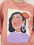 Bisiklet Yaka Baskılı Uzun Kollu Kadın Sweatshirt