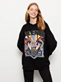 Kapüşonlu Baskılı Uzun Kollu Kadın Sweatshirt