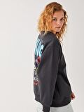 Bisiklet Yaka Baskılı Uzun Kollu Kadın Sweatshirt