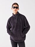 Dik Yaka Düz Uzun Kollu Oversize Kadın Pelüş Sweatshirt