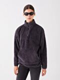 Dik Yaka Düz Uzun Kollu Oversize Kadın Pelüş Sweatshirt