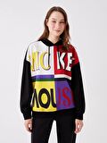 Mickey Mouse Baskılı Uzun Kollu Oversize Kadın Hoodie