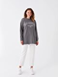Bisiklet Yaka Baskılı Uzun Kollu Oversize Kadın Sweatshirt Tunik