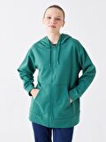 Kapüşonlu Düz Oversize Kadın Fermuarlı Sweatshirt