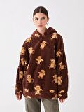 Baskılı Uzun Kollu Oversize Kadın Pelüş Hoodie