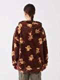 Baskılı Uzun Kollu Oversize Kadın Pelüş Hoodie