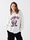 Bisiklet Yaka Baskılı Uzun Kollu Oversize Kadın Sweatshirt