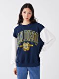 Bisiklet Yaka Baskılı Uzun Kollu Oversize Kadın Sweatshirt