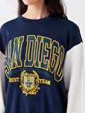 Bisiklet Yaka Baskılı Uzun Kollu Oversize Kadın Sweatshirt