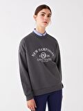 Bisiklet Yaka Baskılı Uzun Kollu Oversize Kadın Sweatshirt