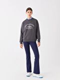 Bisiklet Yaka Baskılı Uzun Kollu Oversize Kadın Sweatshirt