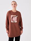Bisiklet Yaka Baskılı Uzun Kollu Oversize Kadın Sweatshirt Tunik