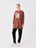 Bisiklet Yaka Baskılı Uzun Kollu Oversize Kadın Sweatshirt Tunik