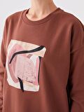 Bisiklet Yaka Baskılı Uzun Kollu Oversize Kadın Sweatshirt Tunik