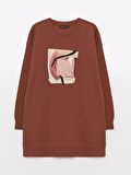 Bisiklet Yaka Baskılı Uzun Kollu Oversize Kadın Sweatshirt Tunik