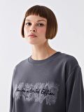 Bisiklet Yaka Baskılı Uzun Kollu Kadın Sweatshirt