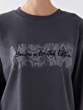 Bisiklet Yaka Baskılı Uzun Kollu Kadın Sweatshirt