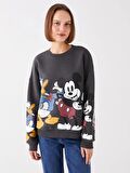 Bisiklet Yaka Mickey ve Arkadaşları Baskılı Uzun Kollu Oversize Kadın Sweatshirt Tunik