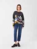 Bisiklet Yaka Mickey ve Arkadaşları Baskılı Uzun Kollu Oversize Kadın Sweatshirt Tunik