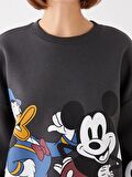 Bisiklet Yaka Mickey ve Arkadaşları Baskılı Uzun Kollu Oversize Kadın Sweatshirt Tunik