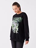 Bisiklet Yaka Baskılı Uzun Kollu Oversize Kadın Sweatshirt